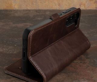 Stand function of the Dark Brown Leather Case for Galaxy S23