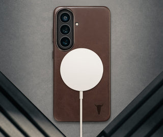 Wireless charger attached to the Dark Brown Leather Bumper Case for Galaxy S26