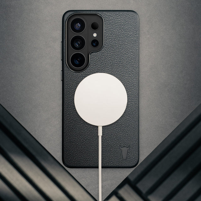 Wireless charger attached to the Black Leather Bumper Case for Galaxy S26 Ultra