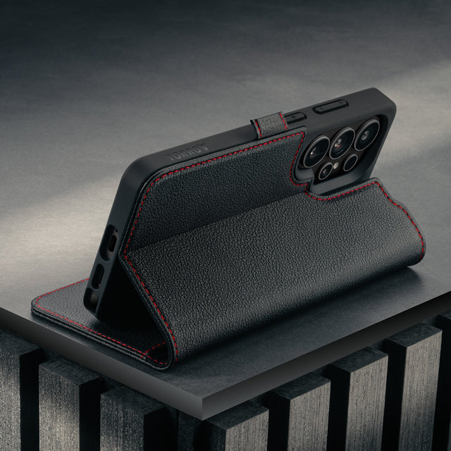 Stand feature of the Black with Red Detail Leather Stand Case for Galaxy S26 Ultra