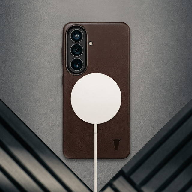 Wireless charger attached. tothe Dark Brown Leather Bumper Case for Galaxy S26+