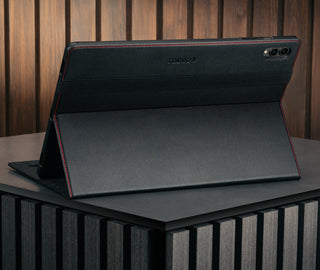 Stand function of the Black with Red Detail Leather Case for Galaxy Tab S11 Ultra