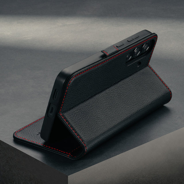 Stand function of the Black with Red Detail Leather Case for Galaxy S25 FE