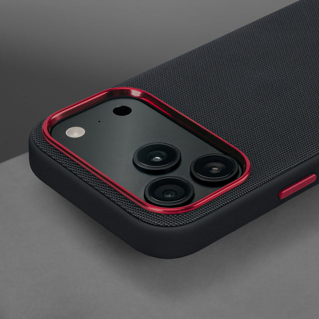 Metallic camera lip on the Black with Red Detail Woven Fabric Bumper Case for iPhone 17 Pro Max