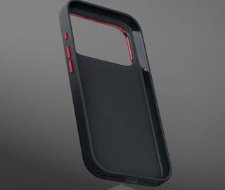 Metallic buttons and inside of the Black with Red Detail Woven Texture Bumper Case for iPhone 17 Pro