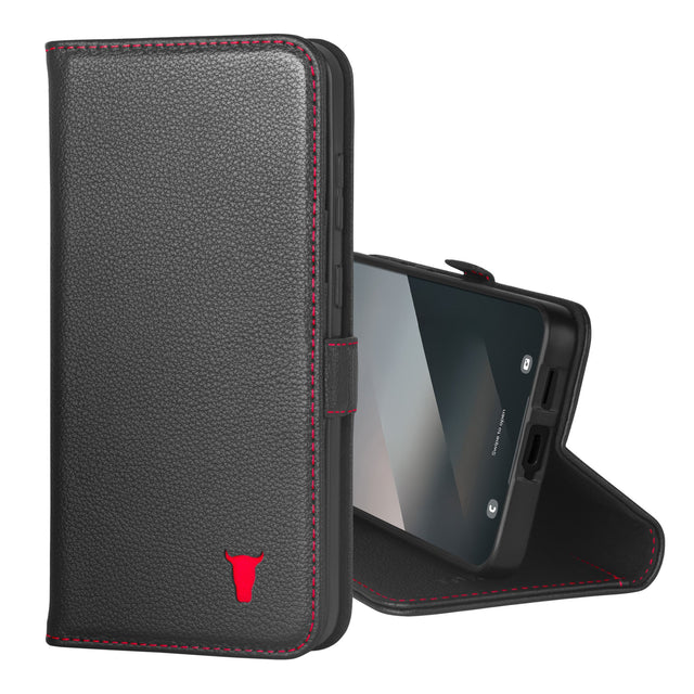 Funda cartera TORRO de cuero negro con detalles rojos